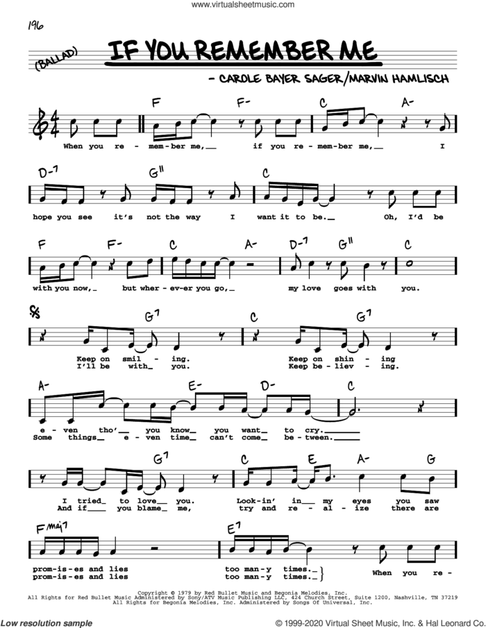 If You Remember Me (High Voice) sheet music for voice and other instruments (high voice) by Marvin Hamlisch and Carole Bayer Sager, intermediate skill level