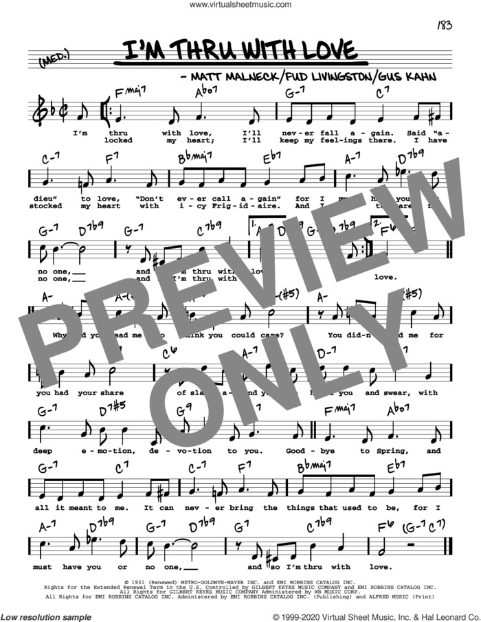 I'm Thru With Love (High Voice) sheet music for voice and other instruments (real book with lyrics) by Gus Kahn, Fud Livingston and Matt Malneck, intermediate skill level