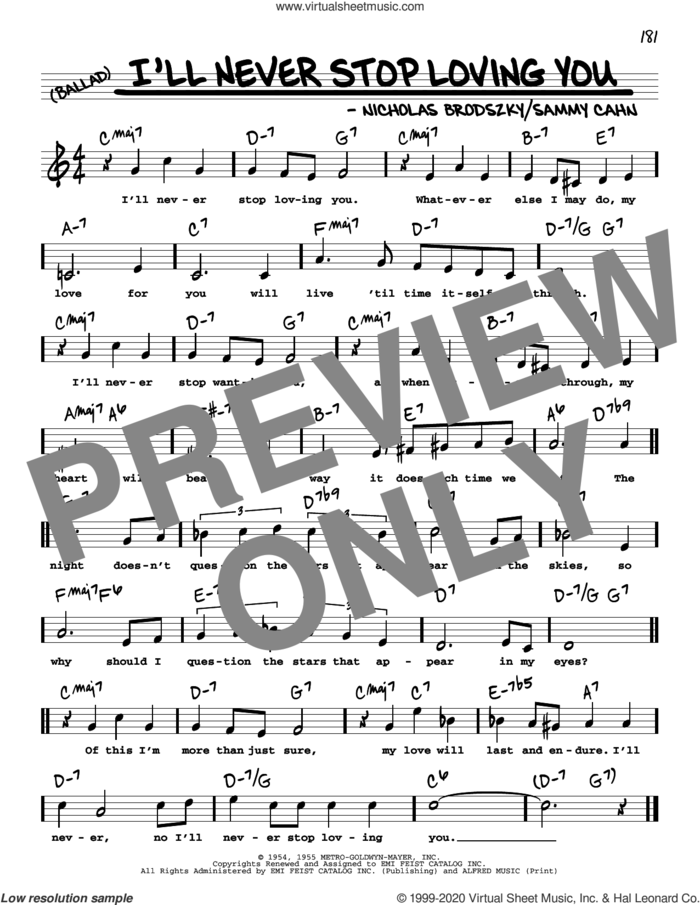 I'll Never Stop Loving You (High Voice) sheet music for voice and other instruments (real book with lyrics) by Doris Day, Nicholas Brodszky and Sammy Cahn, intermediate skill level