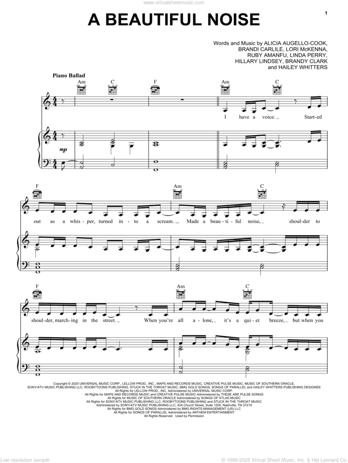 A Beautiful Noise sheet music for voice, piano or guitar by Alicia Keys & Brandi Carlile, Alicia Augello-Cook, Brandi Carlile, Brandy Clark, Hailey Whitters, Hillary Lindsey, Linda Perry, Lori McKenna and Ruby Amanfu, intermediate skill level