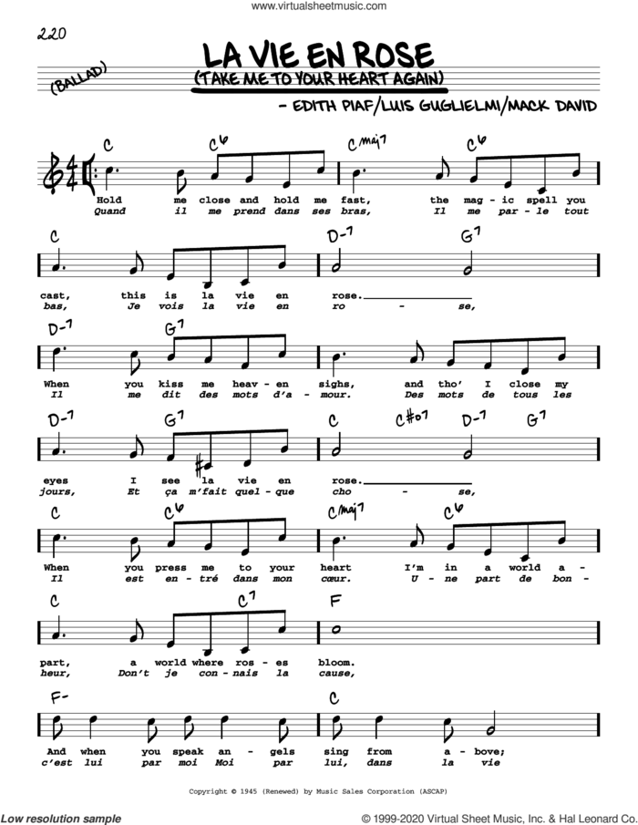 La Vie En Rose (Take Me To Your Heart Again) (High Voice) sheet music for voice and other instruments (high voice) by Mack David, Edith Piaf and Marcel Louiguy, wedding score, intermediate skill level