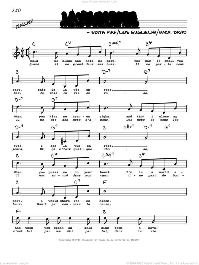 La Vie En Rose (Take Me To Your Heart Again) (High Voice) sheet music for voice and other instruments (high voice) by Mack David, Edith Piaf and Marcel Louiguy, wedding score, intermediate skill level