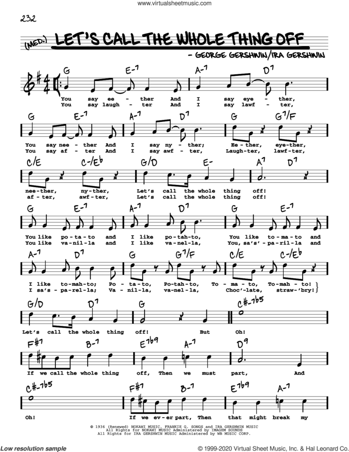 Let's Call The Whole Thing Off (High Voice) (from Shall We Dance) sheet music for voice and other instruments (high voice) by George Gershwin, George Gershwin & Ira Gershwin and Ira Gershwin, intermediate skill level