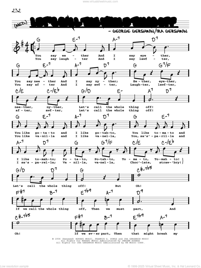 Let's Call The Whole Thing Off (High Voice) (from Shall We Dance) sheet music for voice and other instruments (high voice) by George Gershwin, George Gershwin & Ira Gershwin and Ira Gershwin, intermediate skill level