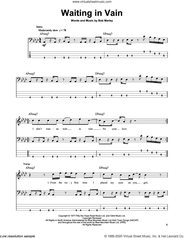 Waiting In Vain sheet music for bass (tablature) (bass guitar) by Bob Marley, intermediate skill level