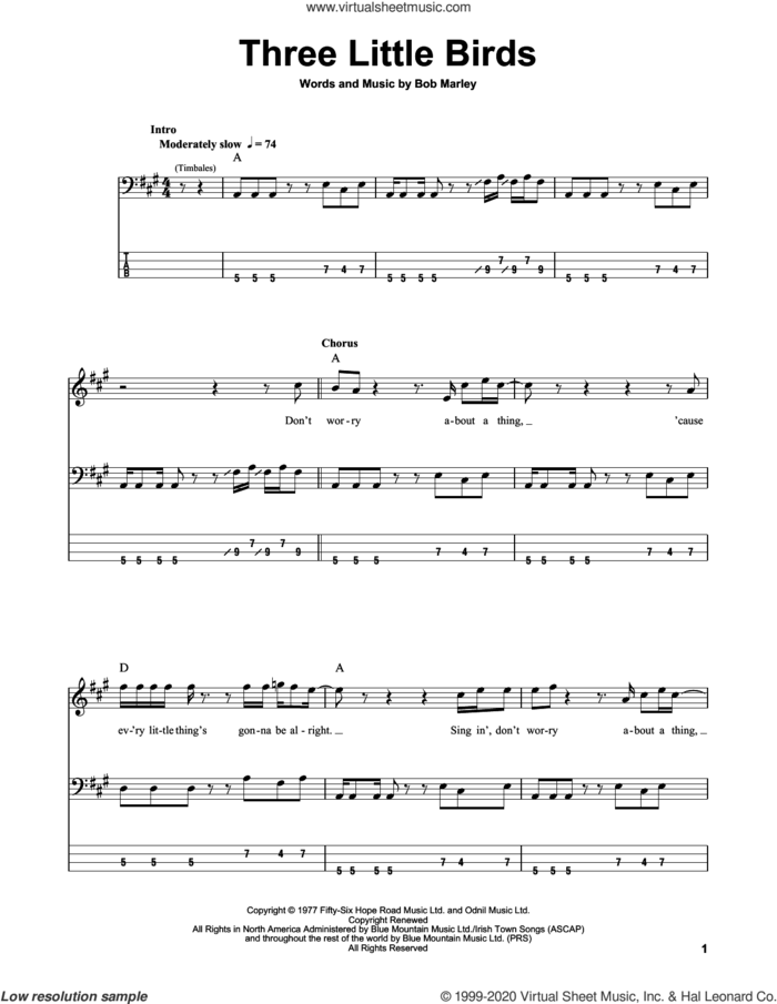 Three Little Birds sheet music for bass (tablature) (bass guitar) by Bob Marley, intermediate skill level