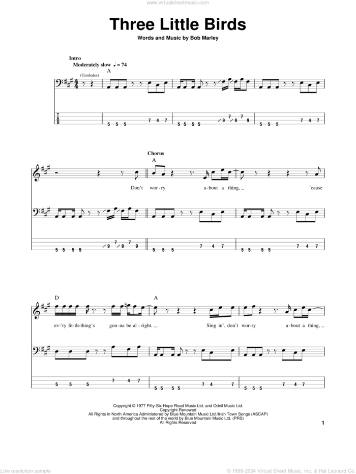 Three Little Birds sheet music for bass (tablature) (bass guitar) by Bob Marley, intermediate skill level