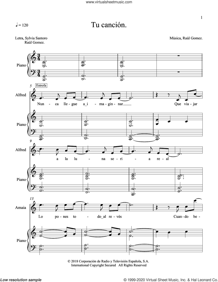 Tu Cancion sheet music for voice and piano by Amaia & Alfred, Alfred Garcia, Amaia Romero, Raul Gomez and Sylvia Santoro, intermediate skill level