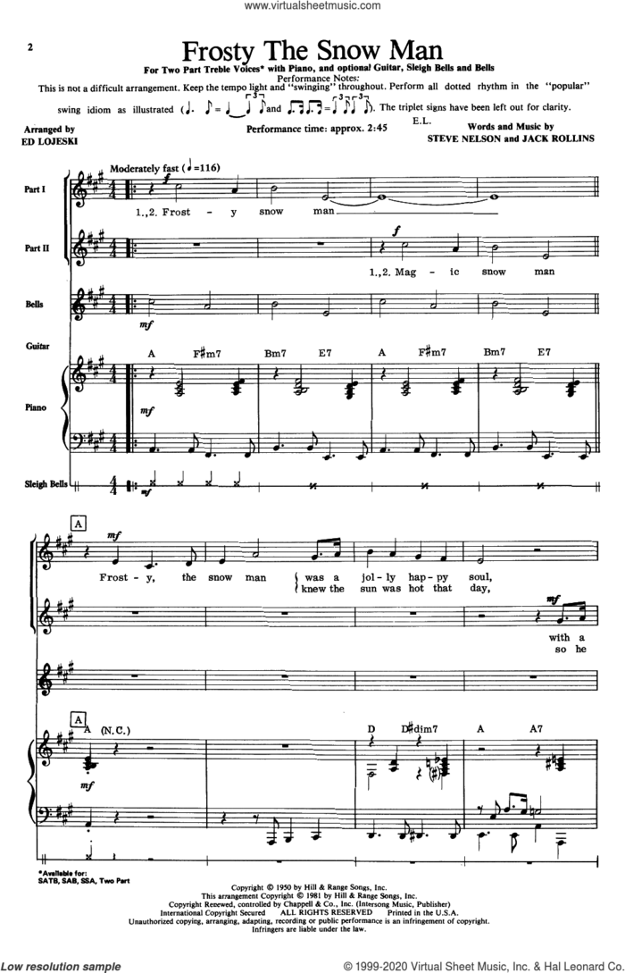 Frosty The Snow Man (arr. Ed Lojeski) sheet music for choir (2-Part) by Steve Nelson, Ed Lojeski, Jack Rollins and Jack Rollins & Steve Nelson, intermediate duet