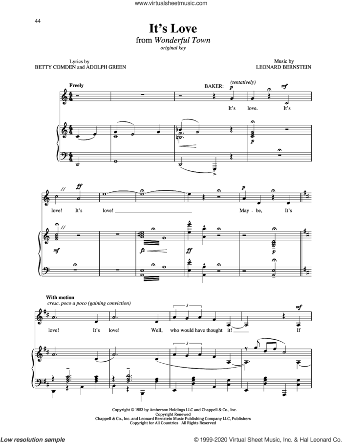 It's Love (from Wonderful Town) sheet music for voice and piano (Medium Low Voice) by Leonard Bernstein, Richard Walters, Adolph Green and Betty Comden, intermediate skill level