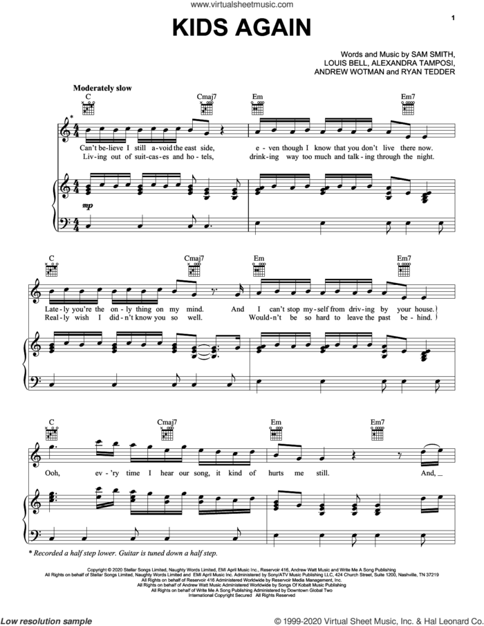 Kids Again sheet music for voice, piano or guitar by Sam Smith, Alexandria Tamposi, Andrew Wotman, Louis Bell and Ryan Tedder, intermediate skill level