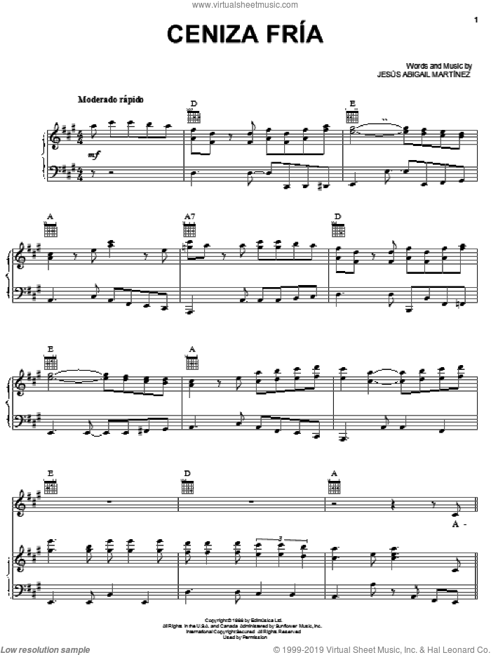 Ceniza Fria sheet music for voice, piano or guitar by Jesus Abigail Martinez, intermediate skill level