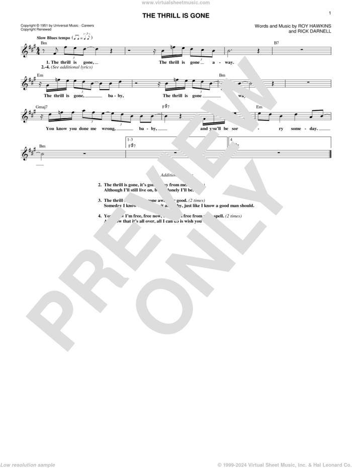The Thrill Is Gone sheet music for voice and other instruments (fake book) by B.B. King, Rick Darnell and Roy Hawkins, intermediate skill level
