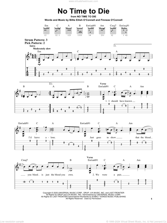 No Time To Die sheet music for guitar solo (easy tablature) by Billie Eilish, easy guitar (easy tablature)