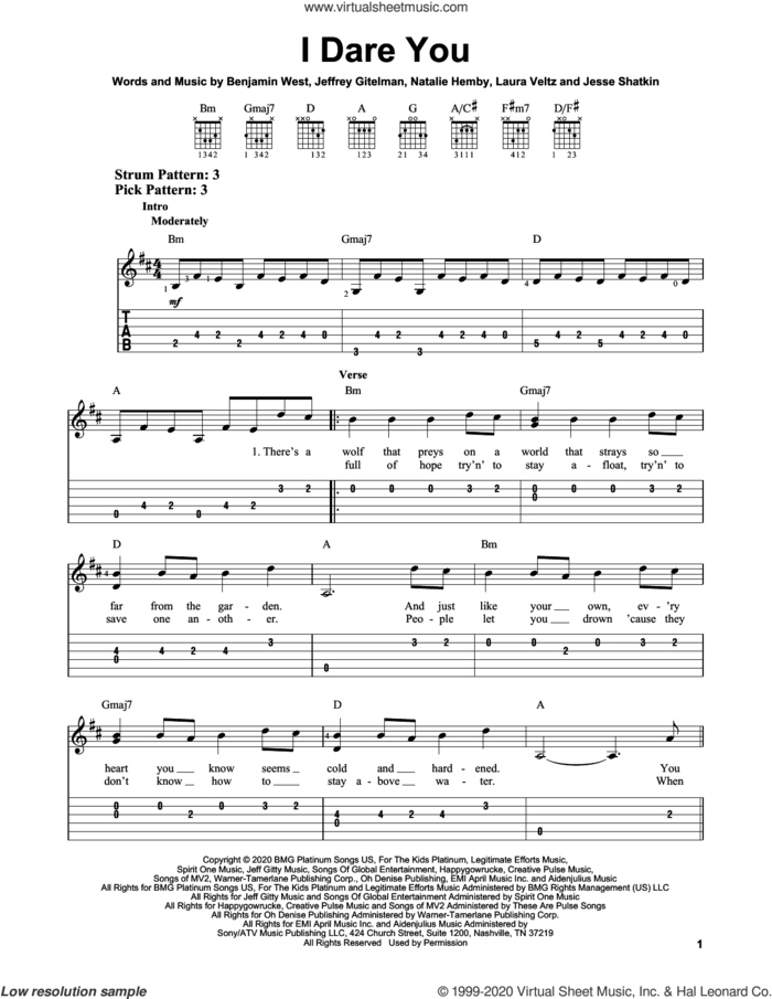 I Dare You sheet music for guitar solo (easy tablature) by Kelly Clarkson, Benjamin West, Jeffrey Gitelman, Jesse Shatkin, Laura Veltz and Natalie Hemby, easy guitar (easy tablature)