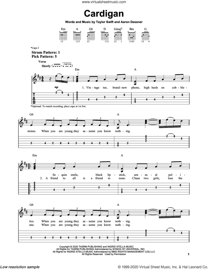 cardigan sheet music for guitar solo (easy tablature) by Taylor Swift and Aaron Dessner, easy guitar (easy tablature)