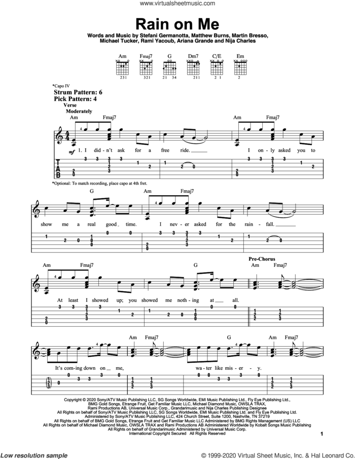 Rain On Me sheet music for guitar solo (easy tablature) by Lady Gaga & Ariana Grande, Ariana Grande, Lady Gaga, Martin Bresso, Matthew Burns, Michael Tucker, Nija Charles and Rami, easy guitar (easy tablature)