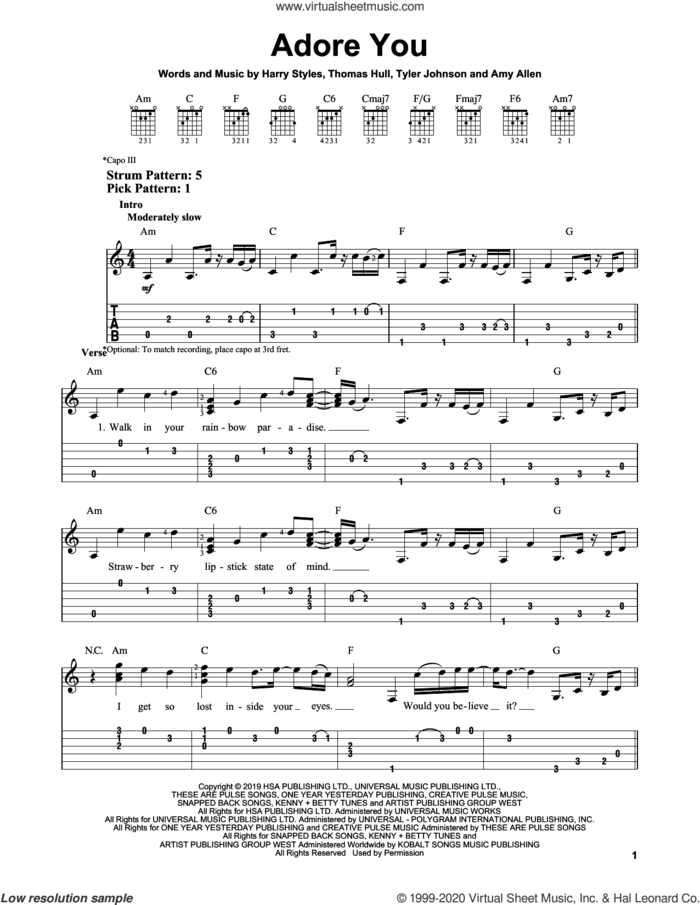 Adore You sheet music for guitar solo (easy tablature) by Harry Styles, Amy Allen, Tom Hull and Tyler Johnson, easy guitar (easy tablature)