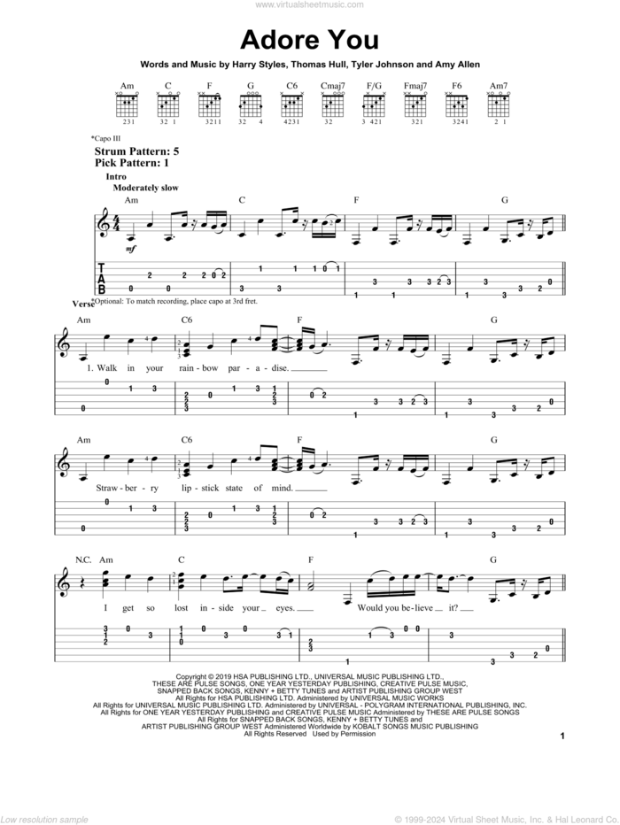 Adore You sheet music for guitar solo (easy tablature) by Harry Styles, Amy Allen, Tom Hull and Tyler Johnson, easy guitar (easy tablature)