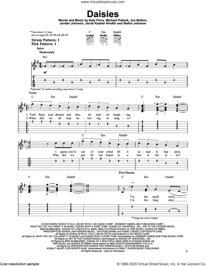 Daisies sheet music for guitar solo (easy tablature) by Katy Perry, Jacob Kasher Hindlin, Jon Bellion, Jordan Johnson, Michael Pollack and Stefan Johnson, easy guitar (easy tablature)