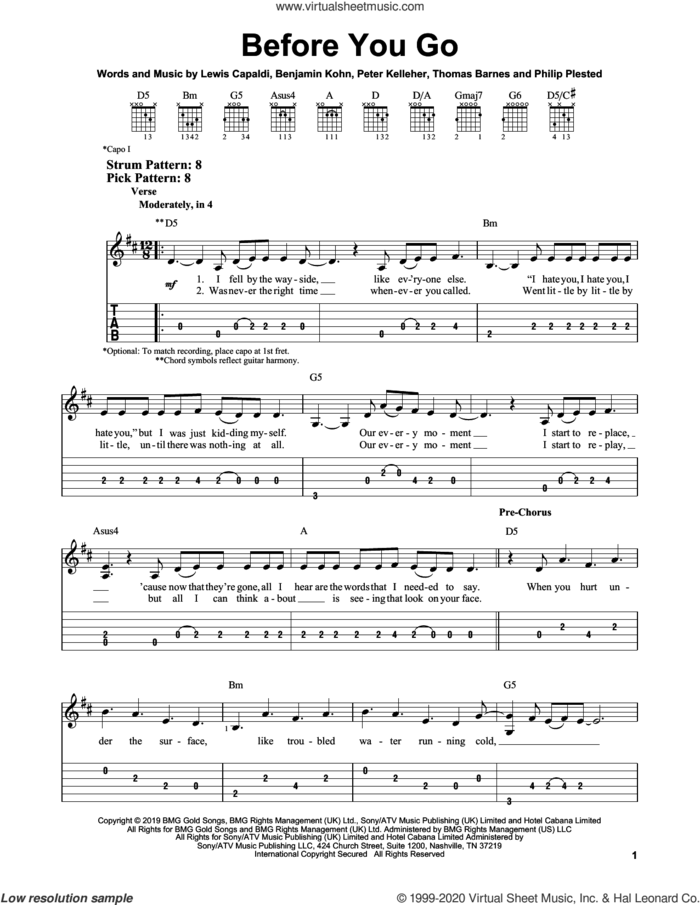 Before You Go sheet music for guitar solo (easy tablature) by Lewis Capaldi, Benjamin Kohn, Peter Kelleher, Philip Plested and Thomas Barnes, easy guitar (easy tablature)