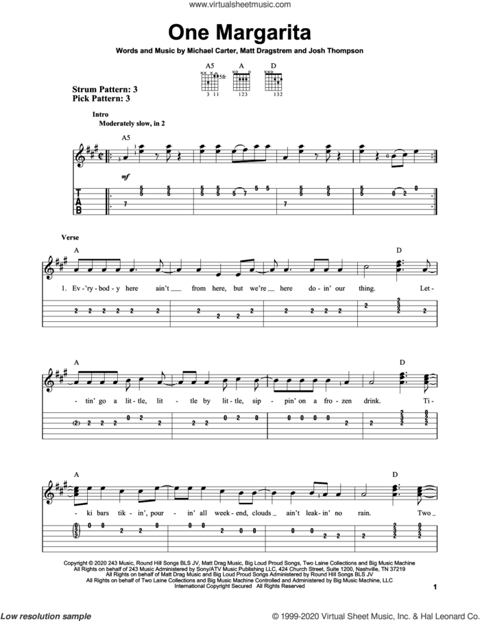One Margarita sheet music for guitar solo (easy tablature) by Luke Bryan, Josh Thompson, Matt Dragstrem and Michael Carter, easy guitar (easy tablature)
