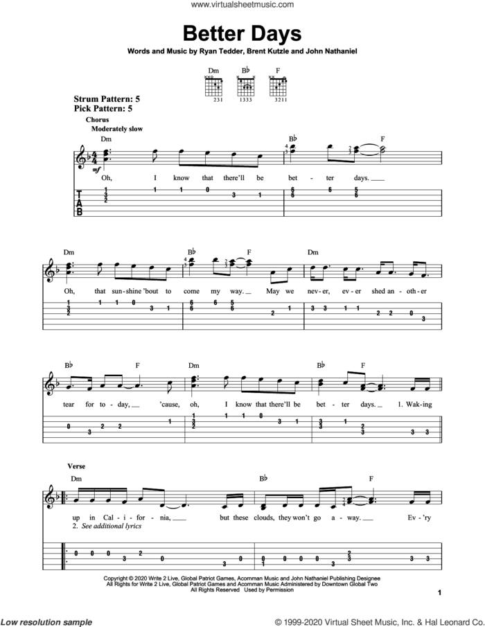 Better Days sheet music for guitar solo (easy tablature) by OneRepublic, Brent Kutzle, John Nathaniel and Ryan Tedder, easy guitar (easy tablature)