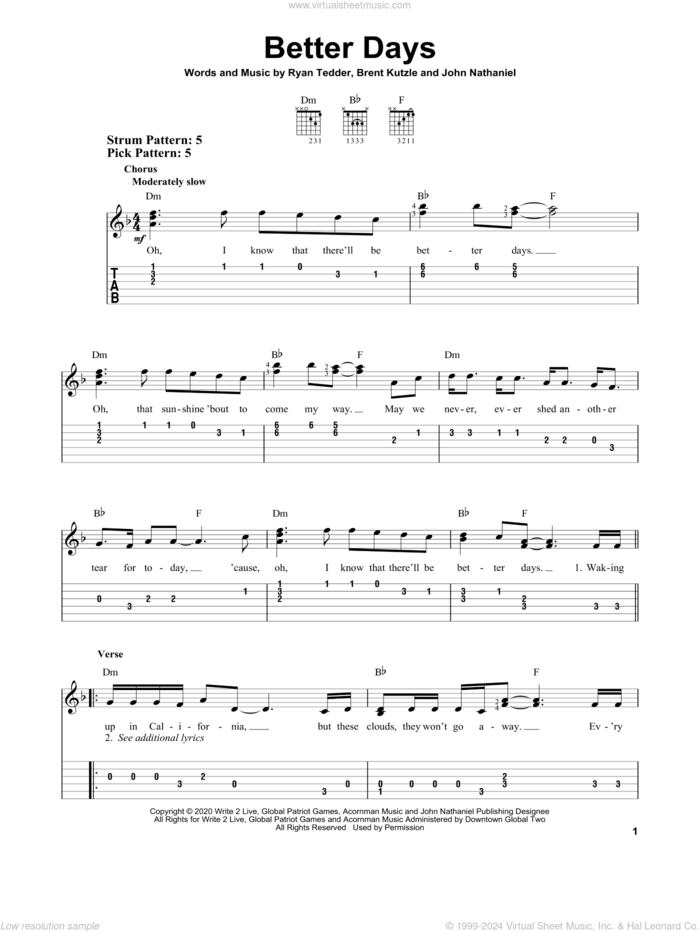 Better Days sheet music for guitar solo (easy tablature) by OneRepublic, Brent Kutzle, John Nathaniel and Ryan Tedder, easy guitar (easy tablature)