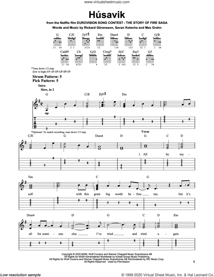 Husavik (from Eurovision Song Contest: The Story of Fire Saga) sheet music for guitar solo (easy tablature) by Will Ferrell & My Marianne, Max Grahn, Rickard Goransson and Savan Kotecha, easy guitar (easy tablature)