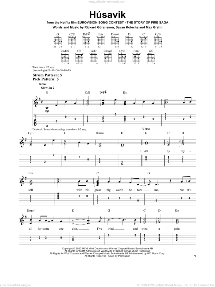 Husavik (from Eurovision Song Contest: The Story of Fire Saga) sheet music for guitar solo (easy tablature) by Will Ferrell & My Marianne, Max Grahn, Rickard Goransson and Savan Kotecha, easy guitar (easy tablature)