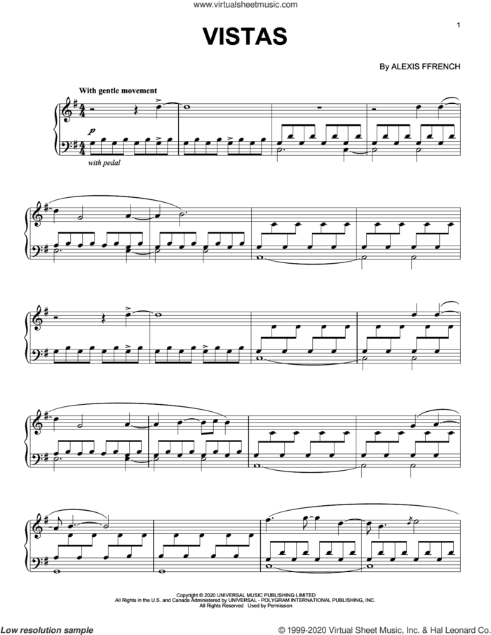 Vistas sheet music for piano solo by Alexis Ffrench, intermediate skill level