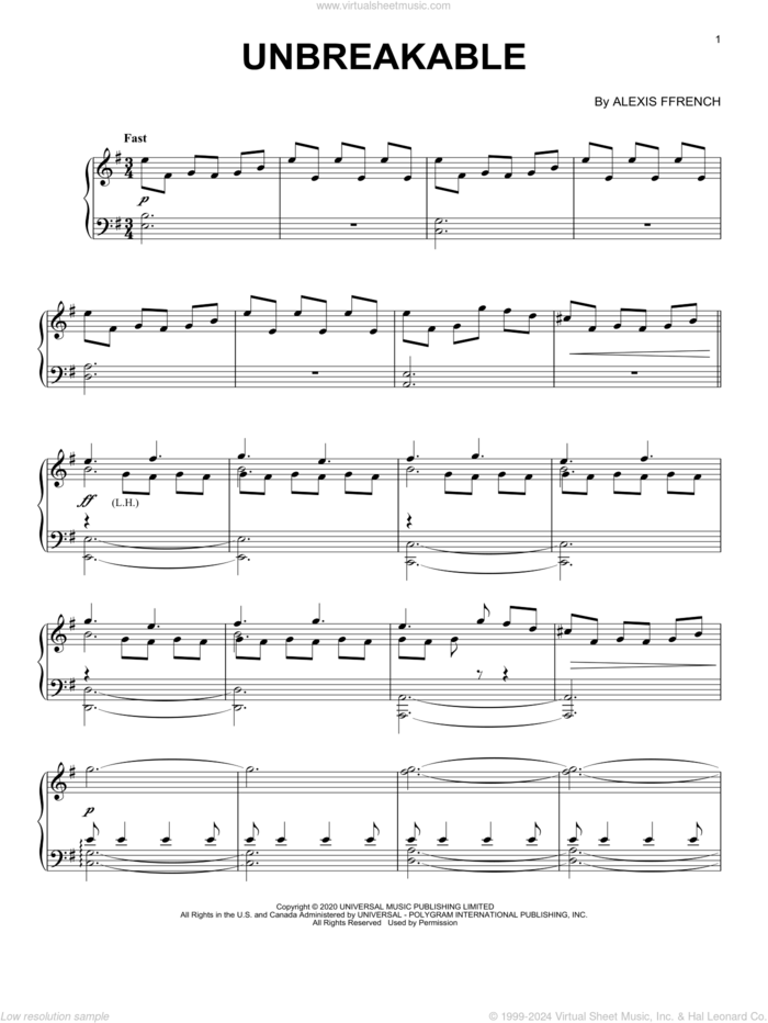 Unbreakable sheet music for piano solo by Alexis Ffrench, intermediate skill level