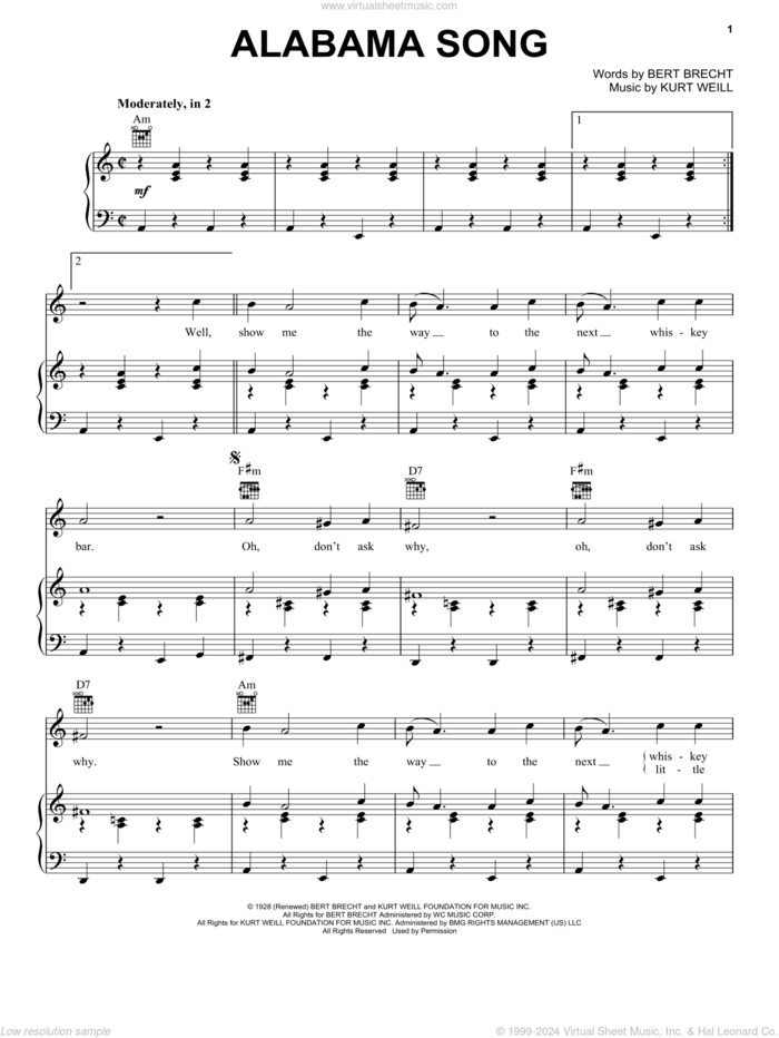 Alabama Song sheet music for voice, piano or guitar by The Doors, Bertolt Brecht and Kurt Weill, intermediate skill level