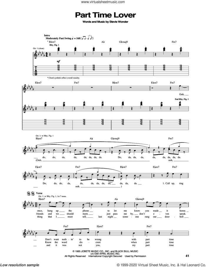 Part Time Lover sheet music for guitar (tablature) by Stevie Wonder, intermediate skill level
