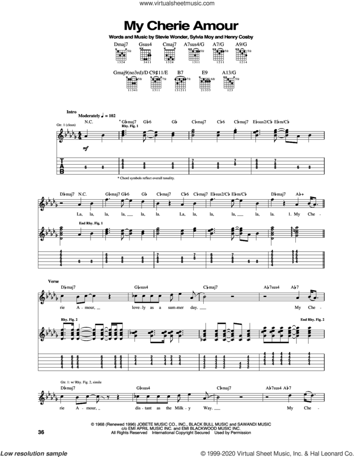 My Cherie Amour sheet music for guitar (tablature) by Stevie Wonder, Henry Cosby and Sylvia Moy, intermediate skill level