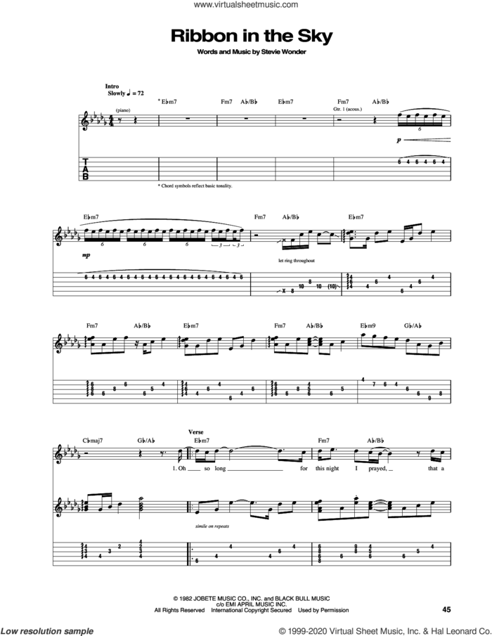 Ribbon In The Sky sheet music for guitar (tablature) by Stevie Wonder, intermediate skill level