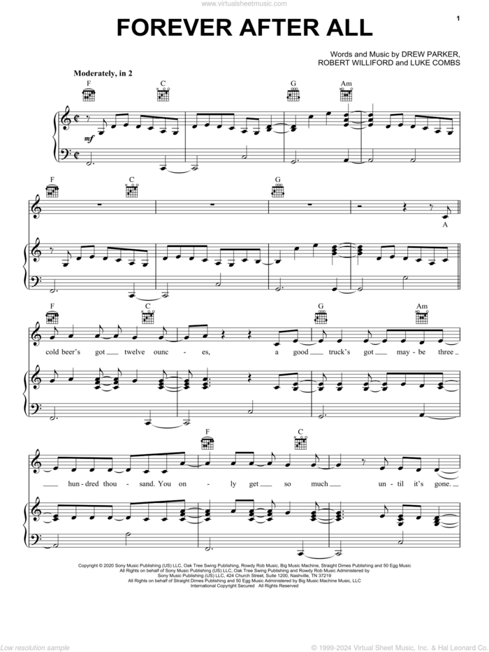 Forever After All sheet music for voice, piano or guitar by Luke Combs, Drew Parker and Robert Williford, intermediate skill level