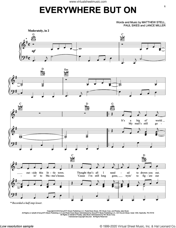 Everywhere But On sheet music for voice, piano or guitar by Matt Stell, Lance Miller, Matthew Stell and Paul Sikes, intermediate skill level