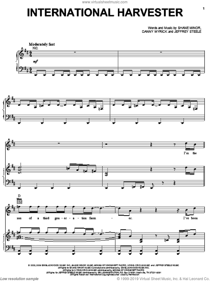 International Harvester sheet music for voice, piano or guitar by Craig Morgan, Danny Myrick, Jeffrey Steele and Shane Minor, intermediate skill level