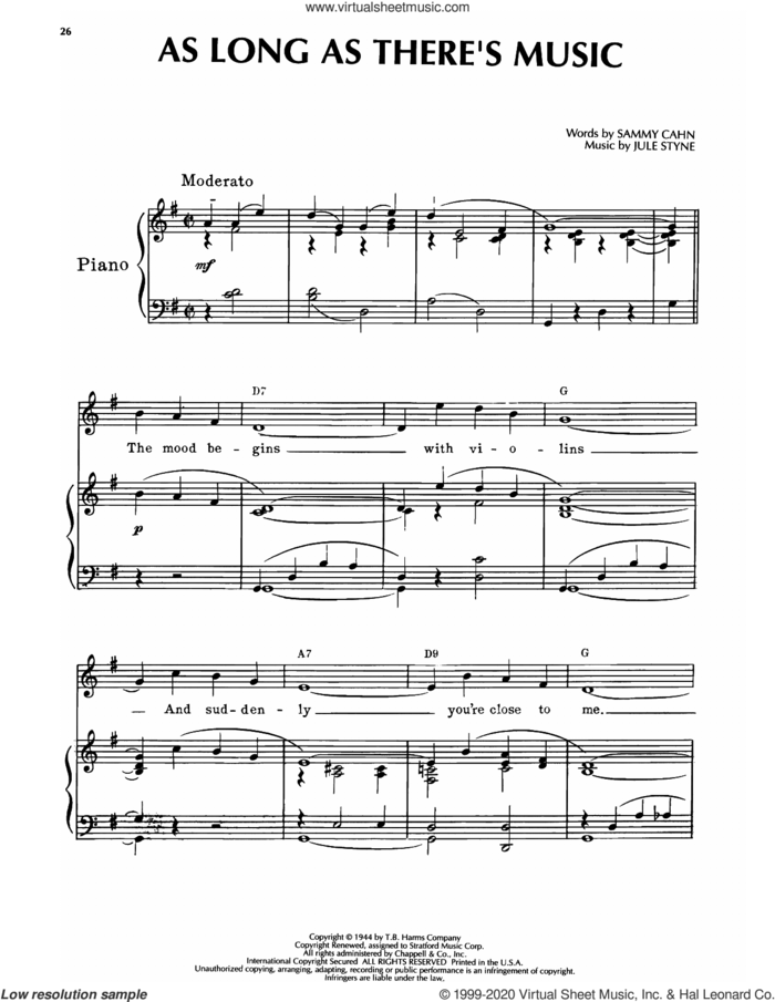As Long As There's Music (from Step Lively) sheet music for voice and piano by Sammy Cahn and Jule Styne, intermediate skill level