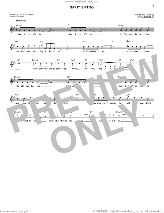 Say It Isn't So sheet music for voice and other instruments (fake book) by Irving Berlin and Julie London, intermediate skill level