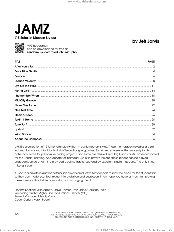 Jamz (15 Solos In Modern Styles) - Trombone sheet music for trombone solo by Jeff Jarvis, intermediate skill level