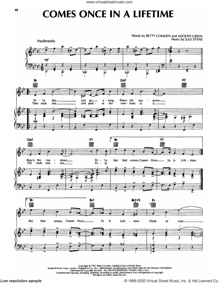 Comes Once In A Lifetime (from Subways Are For Sleeping) sheet music for voice and piano by Jule Styne, Adolph Green and Betty Comden, intermediate skill level