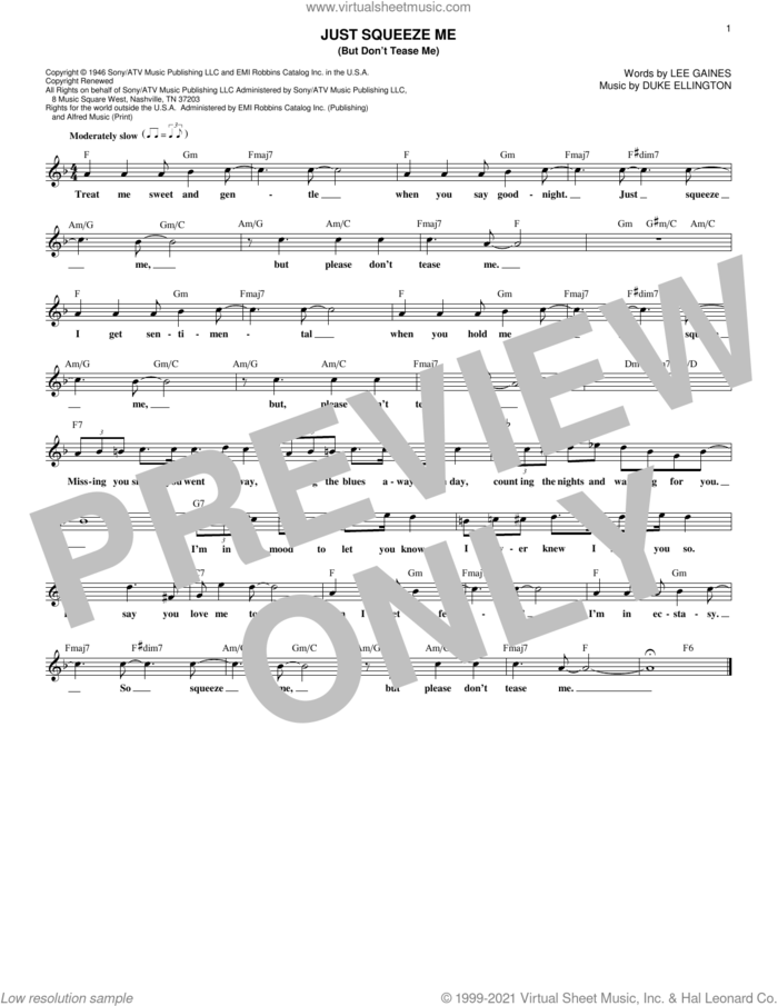 Just Squeeze Me (But Don't Tease Me) sheet music for voice and other instruments (fake book) by Duke Ellington and Lee Gaines, intermediate skill level