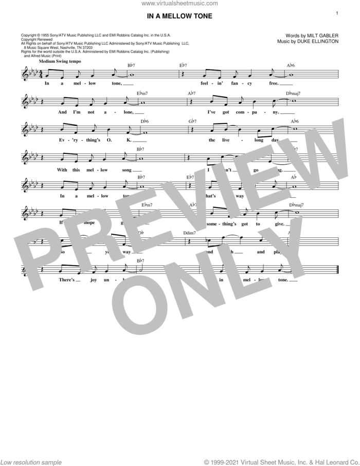 In A Mellow Tone sheet music for voice and other instruments (fake book) by Duke Ellington and Milt Gabler, intermediate skill level