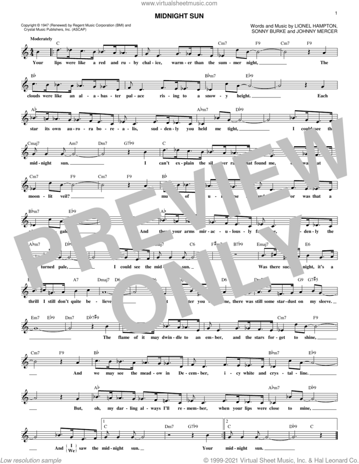 Midnight Sun sheet music (fake book) (PDF-interactive)