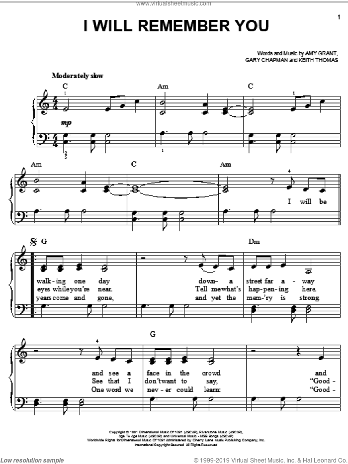 I Will Remember You sheet music for piano solo by Amy Grant, Gary Chapman and Keith Thomas, easy skill level