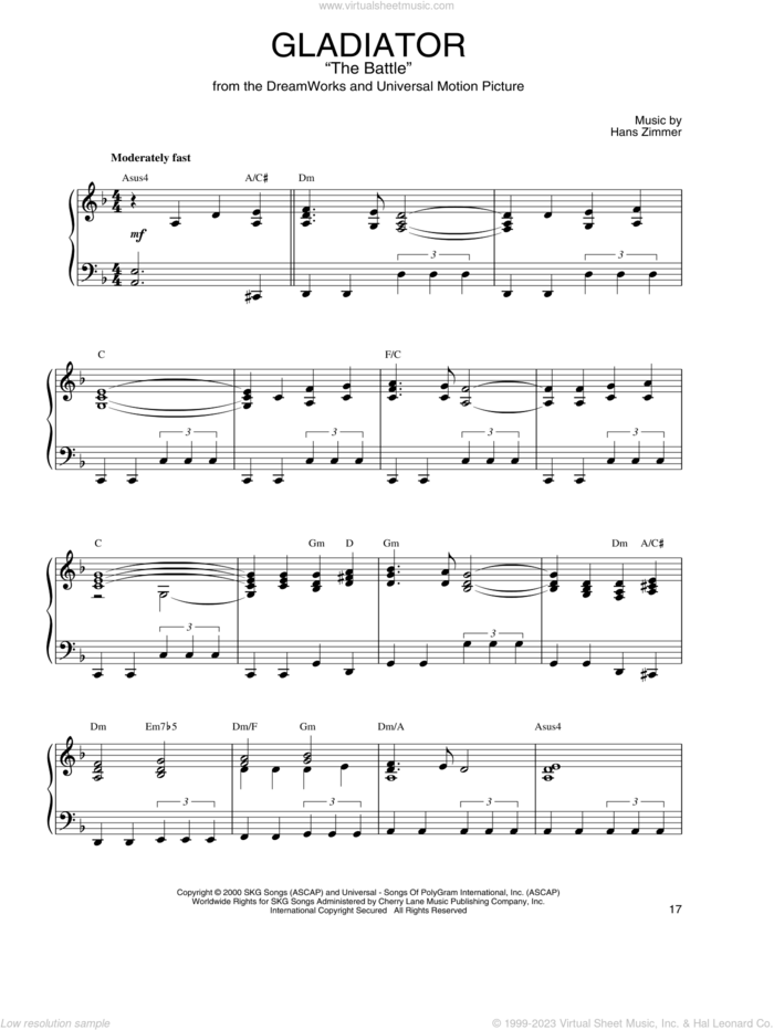 The Battle (from Gladiator), (intermediate) sheet music for piano solo by Hans Zimmer, Hans Zimmer and Lisa Gerrard and Lisa Gerrard, intermediate skill level