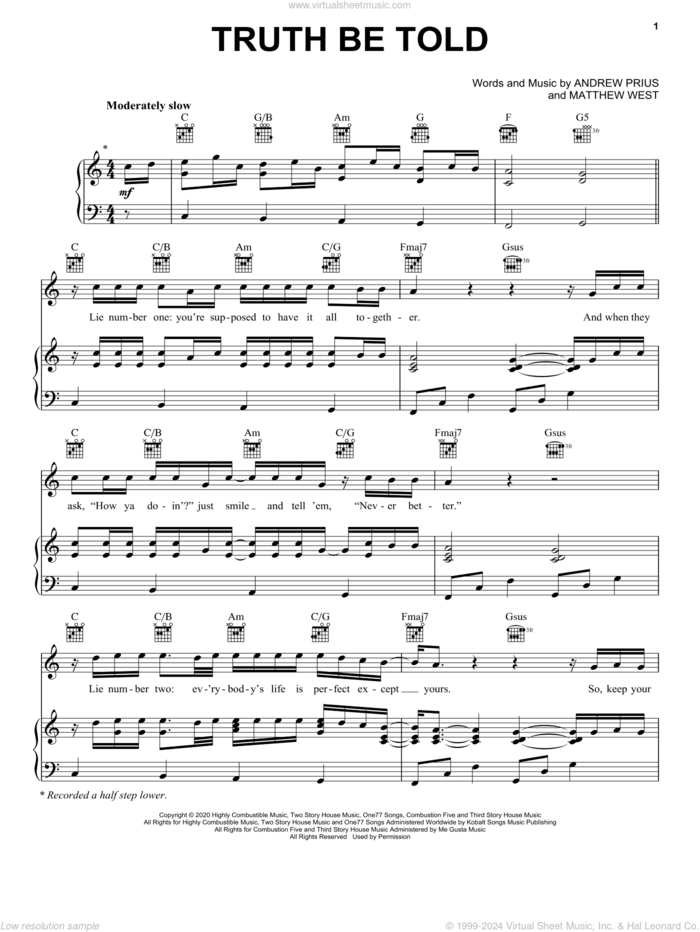 Truth Be Told sheet music for voice, piano or guitar by Matthew West and Andrew Pruis, intermediate skill level