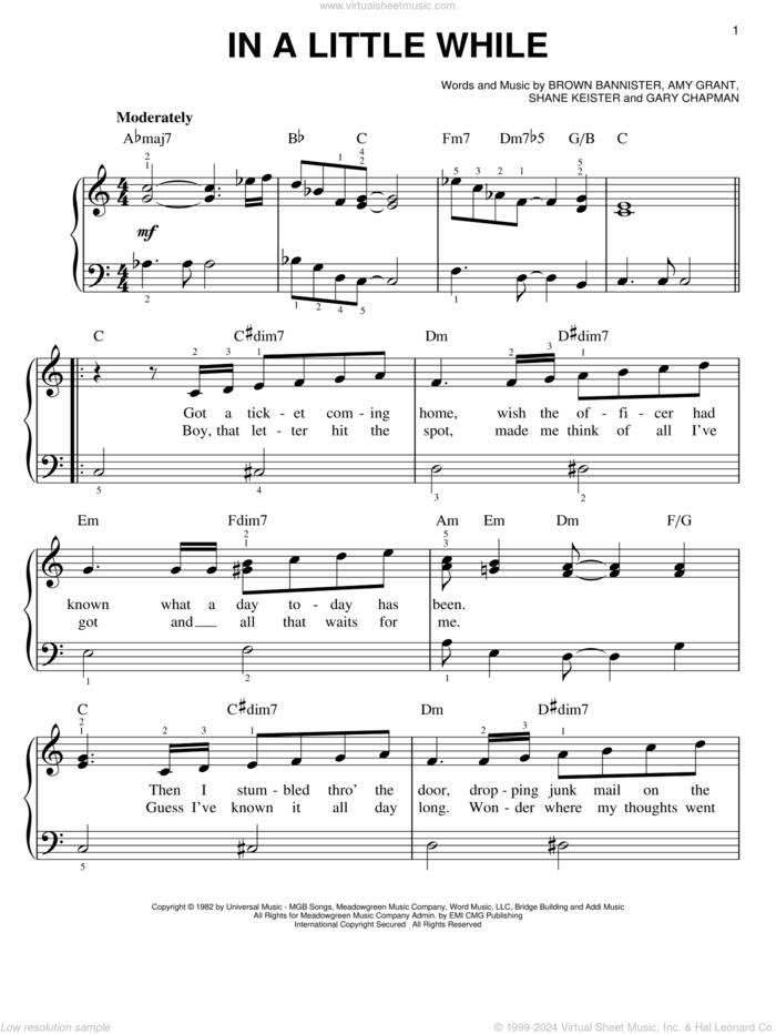 In A Little While sheet music for piano solo by Amy Grant, Brown Bannister, Gary Chapman and Shane Keister, easy skill level